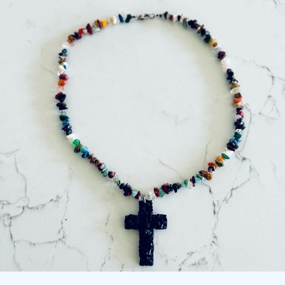 Multicolor Semi Precious Gemstone Chunky Necklace w/ Black Cross Pendant